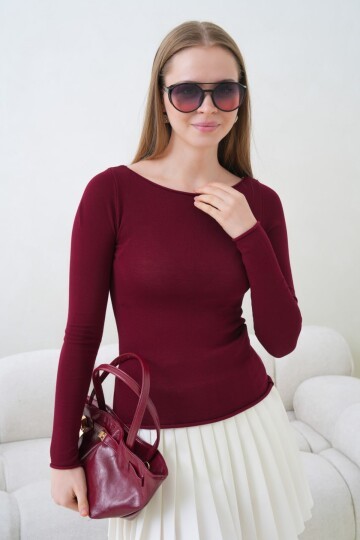 Kadın Bisiklet Yaka Uzun Kollu Basic Bluz Bordo