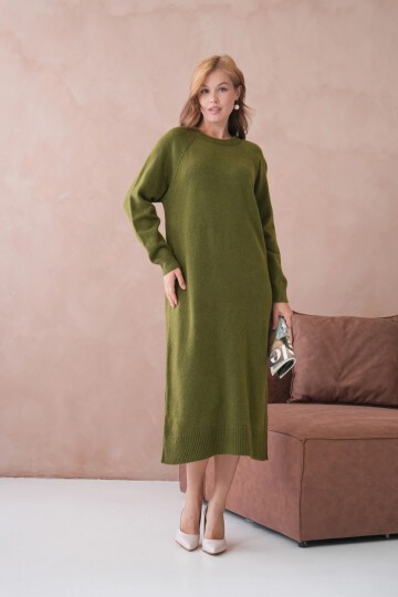 Kadın Bisiklet Yaka Yumuşak Dokulu Maksi Boy Şardonlu Oversize Triko Elbise