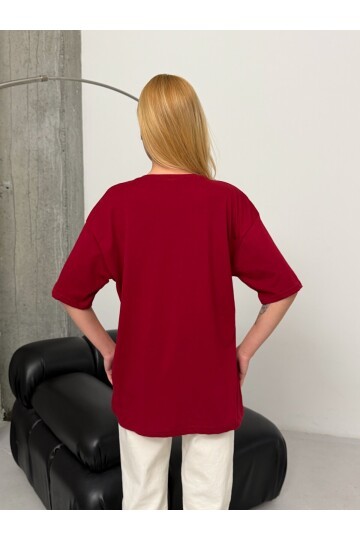 Kadın Bordo Baskılı Oversize T-Shirt