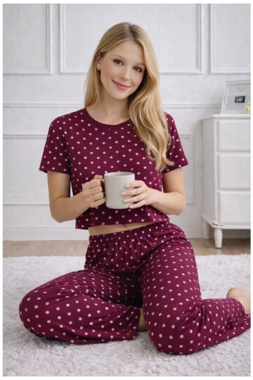 Kadın Bordo Puantiye Desenli Alt Üst Pijama Takımı - Ev Giyimi