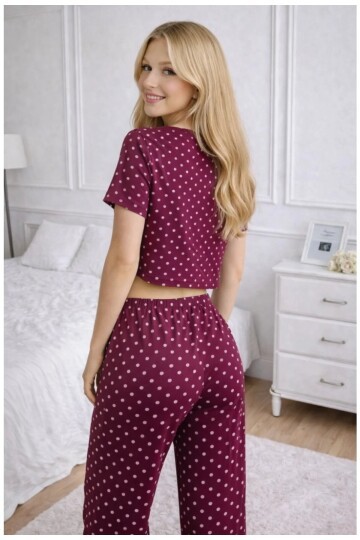 Kadın Bordo Puantiye Desenli Alt Üst Pijama Takımı - Ev Giyimi