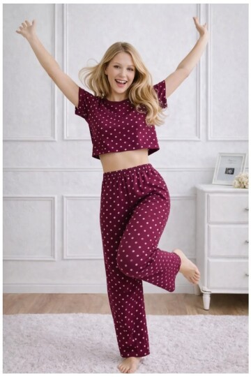 Kadın Bordo Puantiye Desenli Alt Üst Pijama Takımı - Ev Giyimi