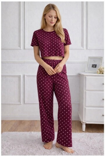 Kadın Bordo Puantiye Desenli Alt Üst Pijama Takımı - Ev Giyimi