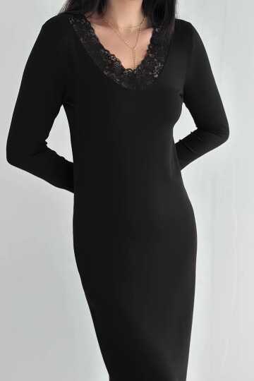 Kadın Dantel Detaylı V Yaka Elbise – Uzun Kollu Şık Günlük Elbise