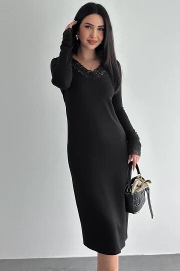 Kadın Dantel Detaylı V Yaka Elbise – Uzun Kollu Şık Günlük Elbise