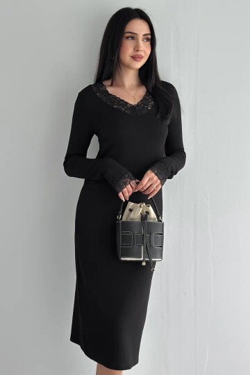 Kadın Dantel Detaylı V Yaka Elbise – Uzun Kollu Şık Günlük Elbise