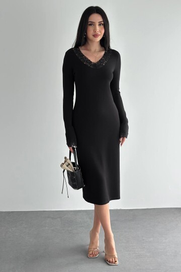 Kadın Dantel Detaylı V Yaka Elbise – Uzun Kollu Şık Günlük Elbise