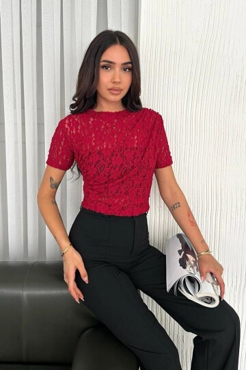 Kadın Dantel Kısa Kollu Bluz Bordo