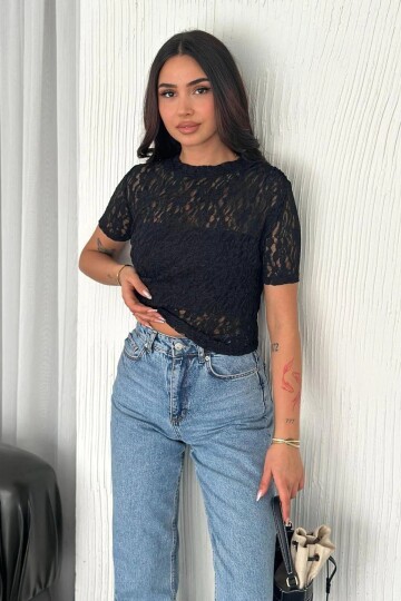 Kadın Dantel Kısa Kollu Bluz Siyah