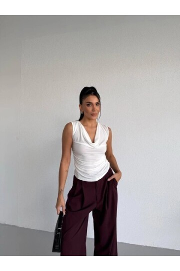 Kadın Degaje Yaka Kolsuz Bluz Beyaz