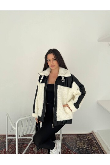 Kadın Deri Garnili Peluş Mont