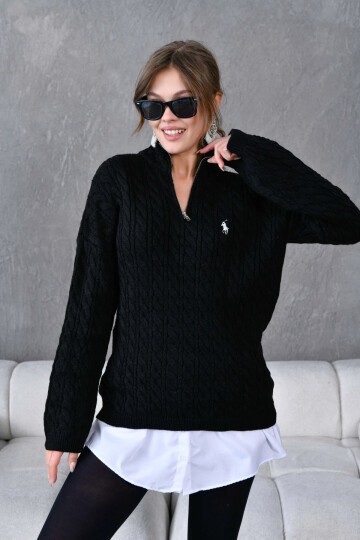 Kadın Dik Yaka Fermuar Detay Saç Örgü Triko Kazak