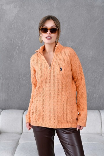 Kadın Dik Yaka Fermuar Detay Saç Örgü Triko Kazak