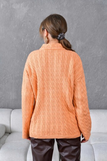 Kadın Dik Yaka Fermuar Detay Saç Örgü Triko Kazak