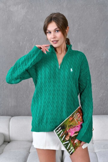 Kadın Dik Yaka Fermuar Detay Saç Örgü Triko Kazak