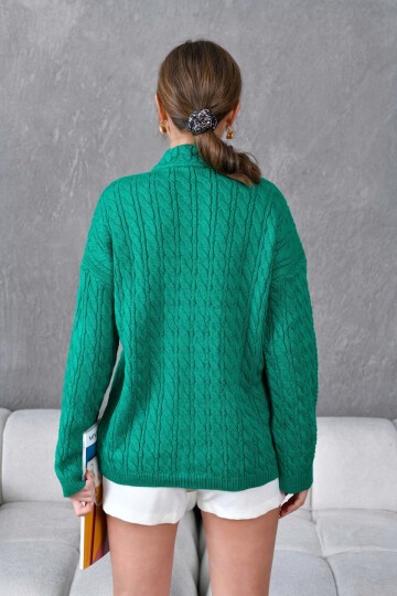 Kadın Dik Yaka Fermuar Detay Saç Örgü Triko Kazak