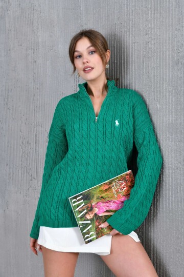 Kadın Dik Yaka Fermuar Detay Saç Örgü Triko Kazak