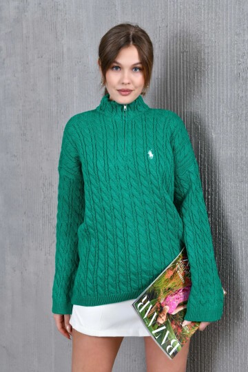 Kadın Dik Yaka Fermuar Detay Saç Örgü Triko Kazak