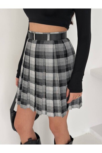Kadın Ekose Desen Kemerli Yüksel Bel Şort Astarlı Mini Etek