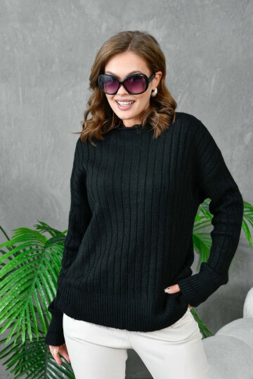 Kadın Geniş Yaka Fitilli Uzun Triko Kazak