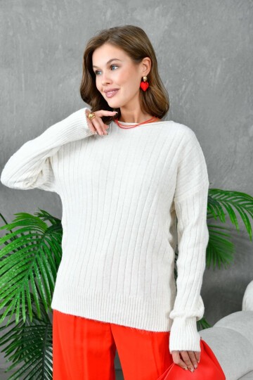 Kadın Geniş Yaka Fitilli Uzun Triko Kazak