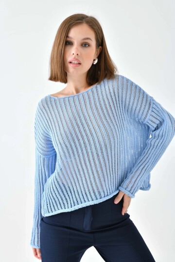 Kadın Geniş Yaka Örgü Detay Oversize Triko Kazak