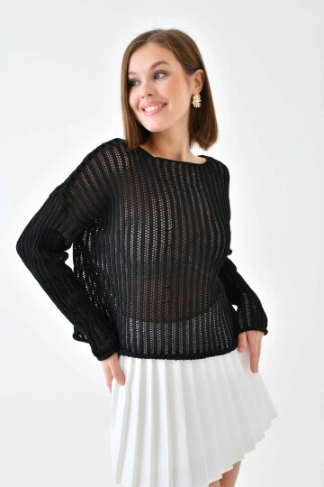 Kadın Geniş Yaka Örgü Detay Oversize Triko Kazak