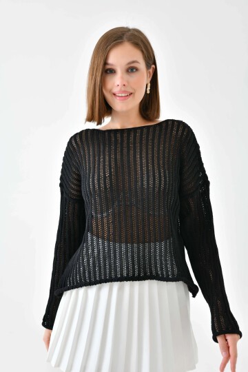 Kadın Geniş Yaka Örgü Detay Oversize Triko Kazak