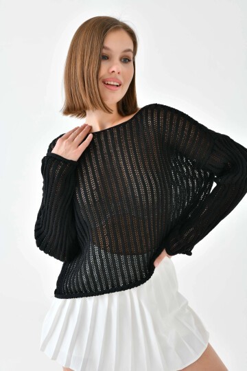 Kadın Geniş Yaka Örgü Detay Oversize Triko Kazak