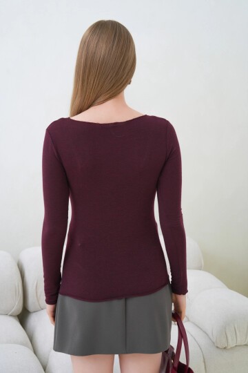 Kadın Geniş Yaka Uzun Kol Lycralı Penye Bluz