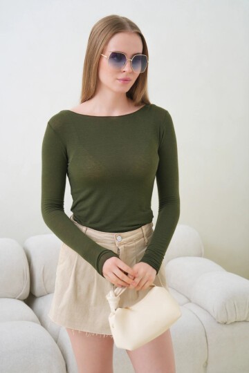 Kadın Geniş Yaka Uzun Kol Lycralı Penye Bluz