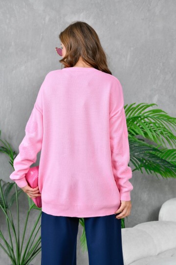 Kadın Kalp Desenli İnce Oversize Pembe Triko Kazak