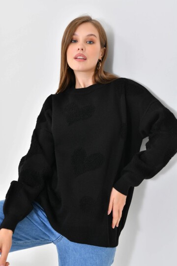 Kadın Kalp Desenli İnce Oversize Pembe Triko Kazak