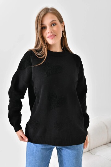 Kadın Kalp Desenli İnce Oversize Pembe Triko Kazak