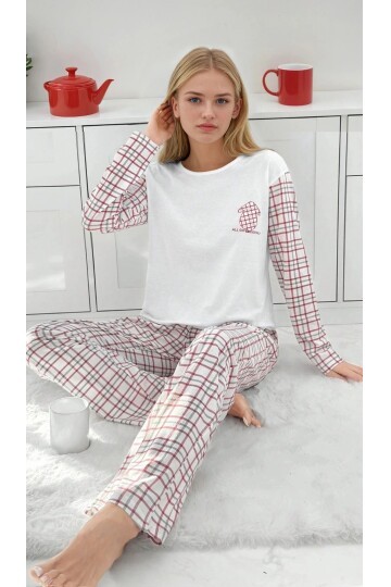 Kadın Kareli Uzun Kollu Süprem Pijama Takımı