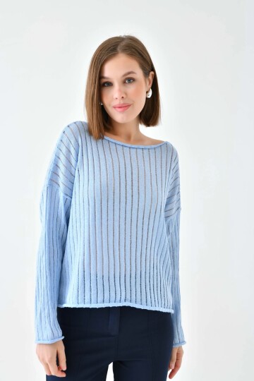 Kadın Kayık Yaka Örgü Detay Salaş Triko Kazak