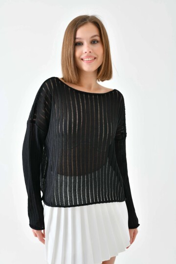 Kadın Kayık Yaka Örgü Detay Salaş Triko Kazak