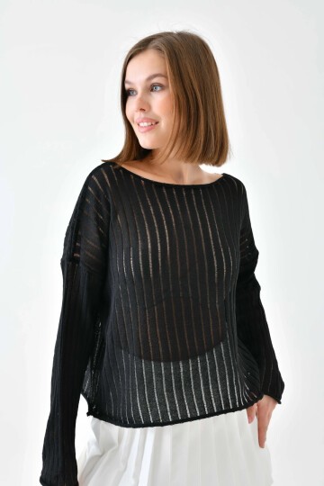 Kadın Kayık Yaka Örgü Detay Salaş Triko Kazak