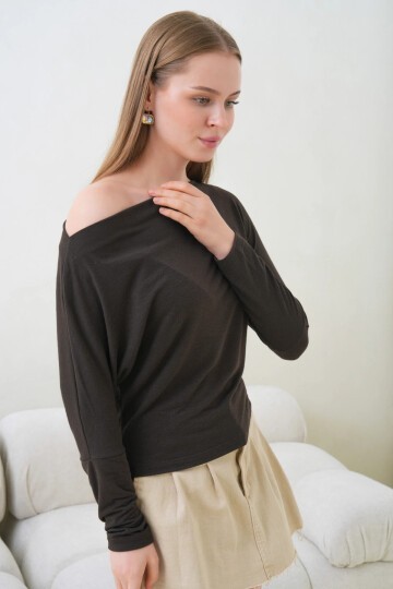 Kadın Kayık Yaka Yarasa Kol Lycralı Penye Bluz