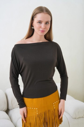 Kadın Kayık Yaka Yarasa Kol Lycralı Penye Bluz