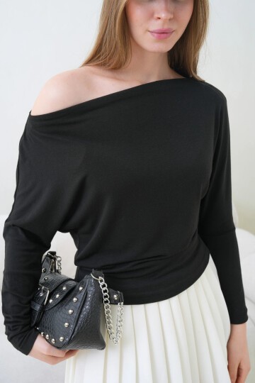 Kadın Kayık Yaka Yarasa Kol Lycralı Penye Bluz