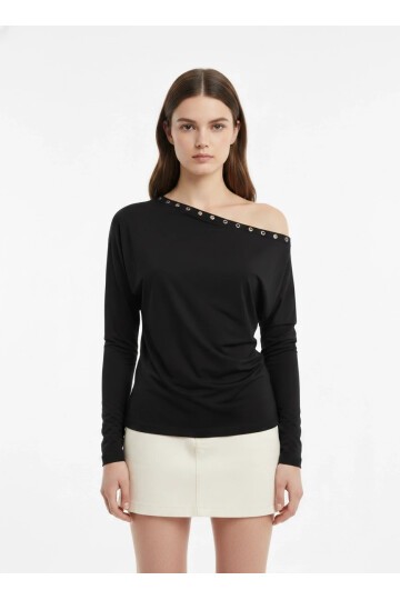 Kadın Kayık Yaka Yarasa Kol Yakası Troklu Lycralı Penye Bluz