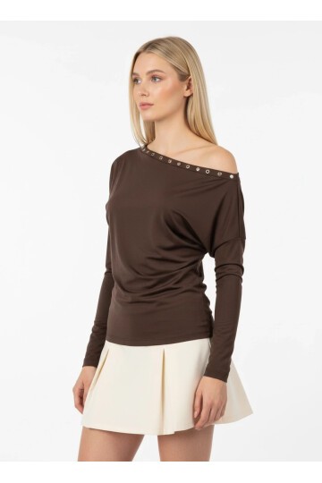 Kadın Kayık Yaka Yarasa Kol Yakası Troklu Lycralı Penye Bluz
