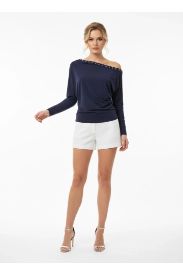 Kadın Kayık Yaka Yarasa Kol Yakası Troklu Lycralı Penye Bluz