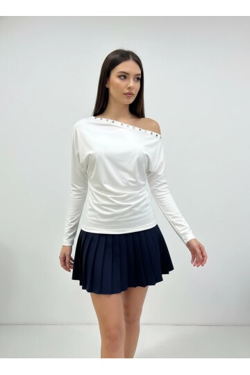 Kadın Kayık Yaka Yarasa Kol Yakası Troklu Lycralı Penye Bluz