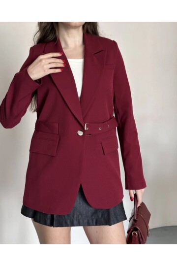 Kadın Kemerli Toka Detay Premium Blazer Ceket Bordo
