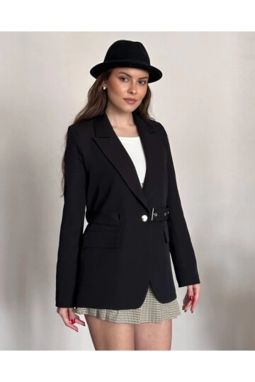 Kadın Kemerli Toka Detay Premium Blazer Ceket Siyah
