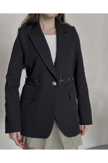Kadın Kemerli Toka Detay Premium Blazer Ceket Siyah