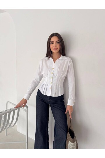 Kadın Korse Detaylı Gold Düğmeli Beyaz Gömlek