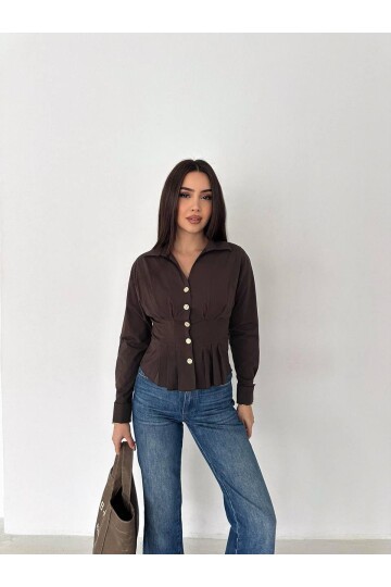 Kadın Korse Detaylı Gold Düğmeli Kahve Gömlek